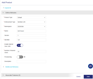 Image showing the configuration settings for named users in the Add Product screen