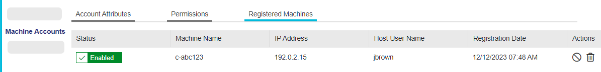 Example of a registered machine in an account