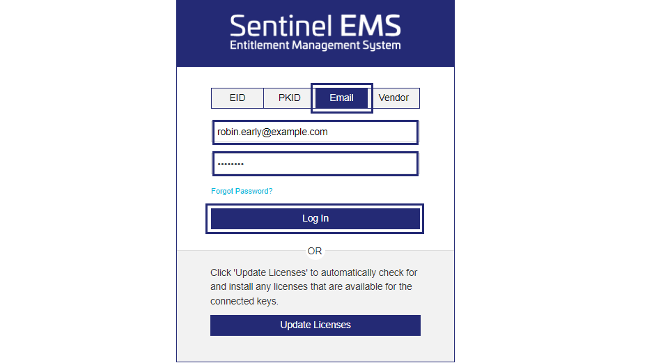 Sentinel EMS customer portal Login screen